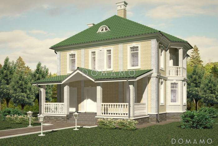 Проект классического коттеджа 10х10 с террасой из кирпича Проект классического коттеджа 10х10 с террасой из кирпича