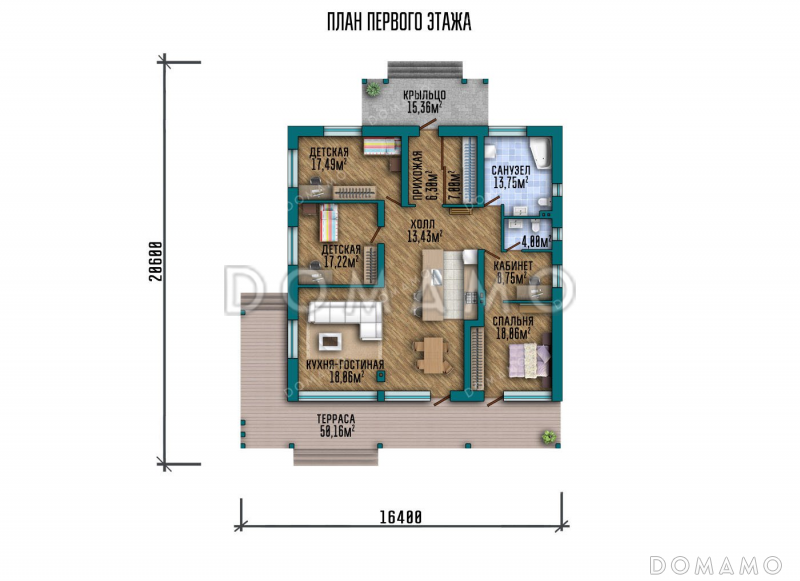 Проект одноэтажного дома с большой террасой / План 1 этажа