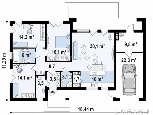 Проект современного одноэтажного дома из газобетона с плоской крышей с тремя спальнями и гаражом / План 1 этажа