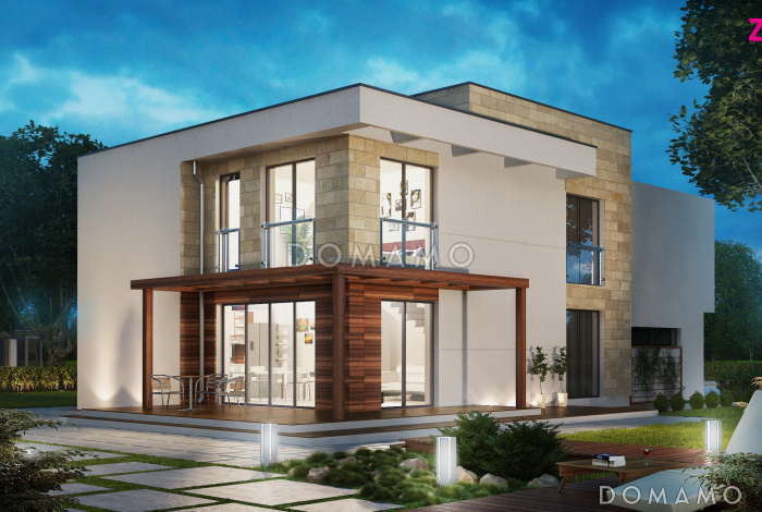 Проект двухэтажного дома из газобетона в стиле модерн, с четырьмя спальнями, кабинетом и гаражом Проект двухэтажного дома из газобетона в стиле модерн, с четырьмя спальнями, кабинетом и гаражом