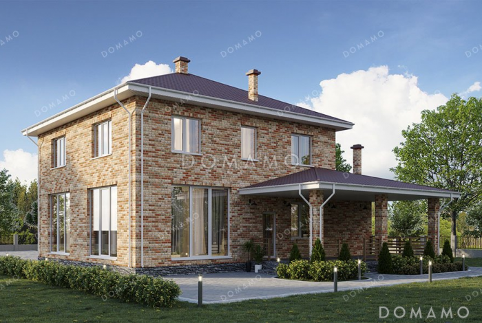 Проект дома из газобетона с террасой и тремя спальнями Проект дома из газобетона с террасой и тремя спальнями