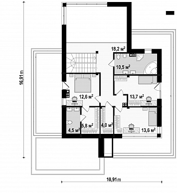 Проект большого современного двухэтажного дома из кирпича с большой площадью остекления, гаражом и просторными террасами на обоих уровнях / План 2 этажа