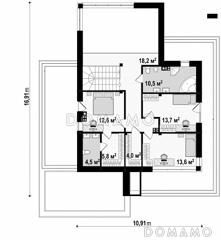 Проект большого современного двухэтажного дома из кирпича с большой площадью остекления, гаражом и просторными террасами на обоих уровнях / План 2 этажа