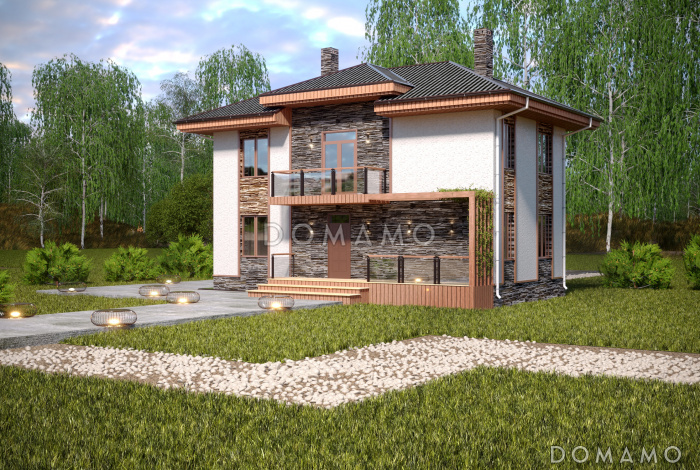 Проект компактного двухэтажного коттеджа из СИП панелей с пятью спальнями Проект компактного двухэтажного коттеджа из СИП панелей с пятью спальнями