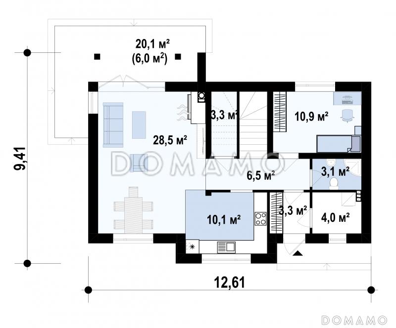 Проект загородного дома с камином в гостиной, террасой, кладовой под лестницей, мансардо / План 1 этажа
