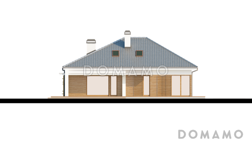 Проект одноэтажного дома из кирпича со свободной планировкой на мансардном этаже и с большим гаражом и техническим помещением / Фасад 3