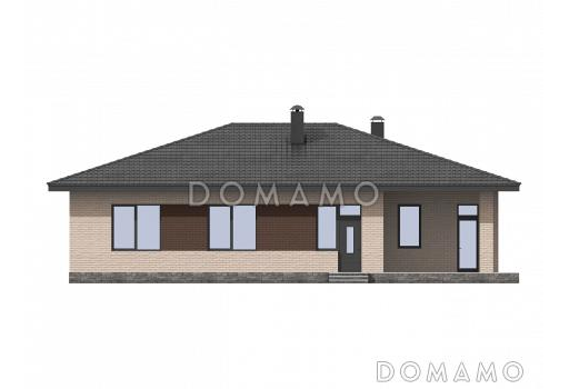 Проект одноэтажного дома с гаражом на один автомобиль, террасой, детскими комнатами, просторной гостиной / Фасад 3