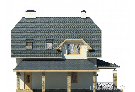 Проект дома из пеноблоков с мансардой и навесом для автомобиля / Фасад 4