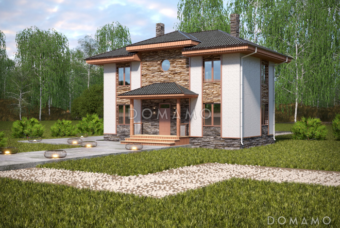 Проект компактного двухэтажного коттеджа из СИП панелей с пятью спальнями Проект компактного двухэтажного коттеджа из СИП панелей с пятью спальнями