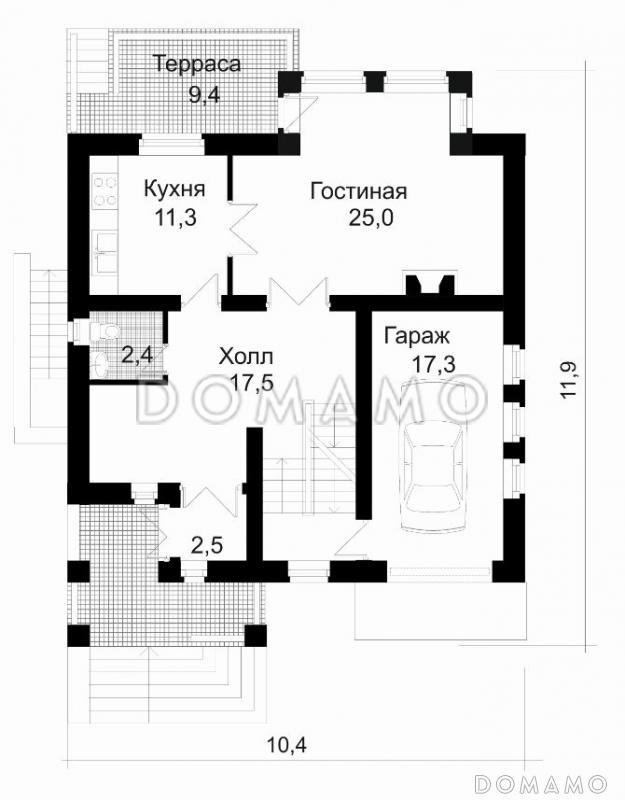 Проект дома из кирпича с сауной / План 1 этажа