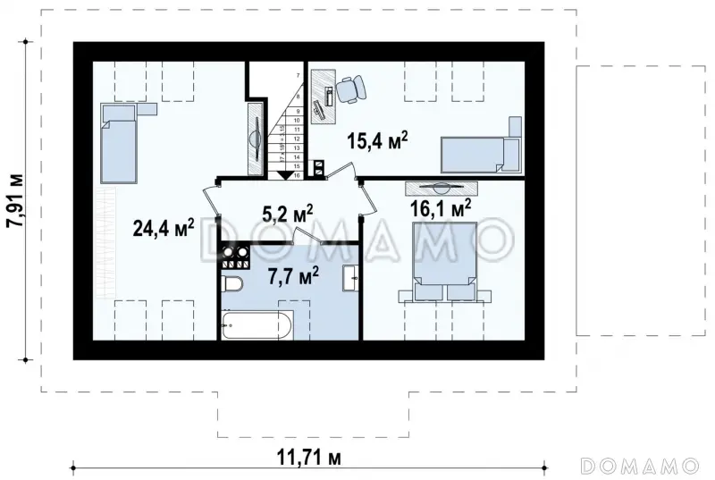 Проект одноэтажного дома из газобетона с тремя спальнями на мансардном этаже и гаражом  / План мансардного этажа