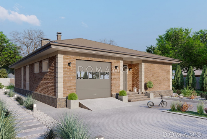 Проект дома с мастер-спальней, крытой террасой и встроенным гаражом Проект дома с мастер-спальней, крытой террасой и встроенным гаражом