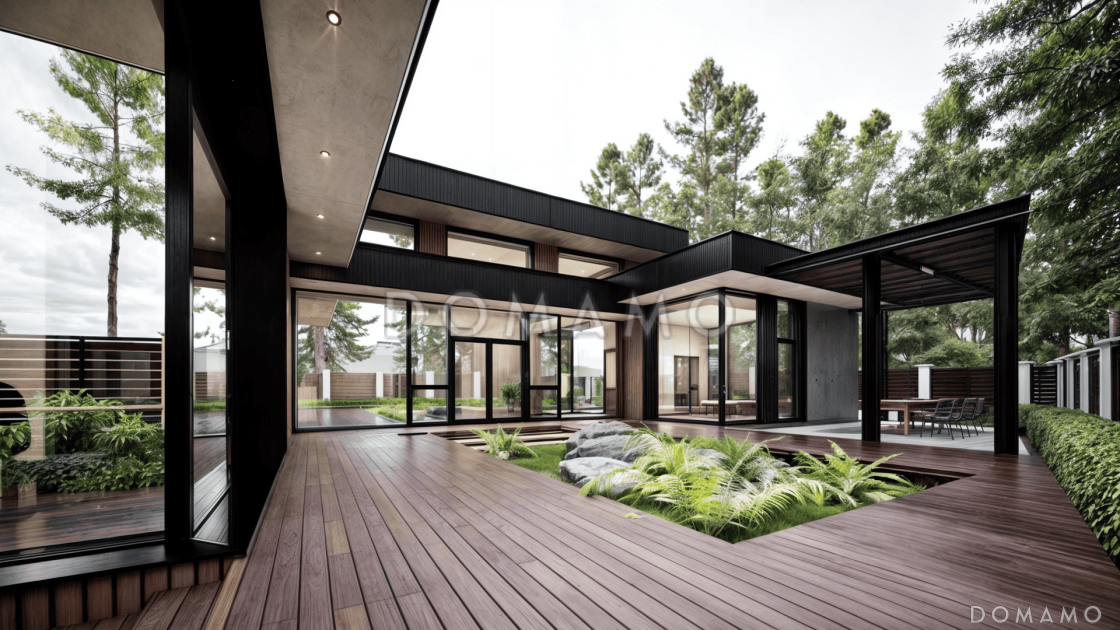 Проект одноэтажного дома с зоной барбекю, сауной и гаражом / 2