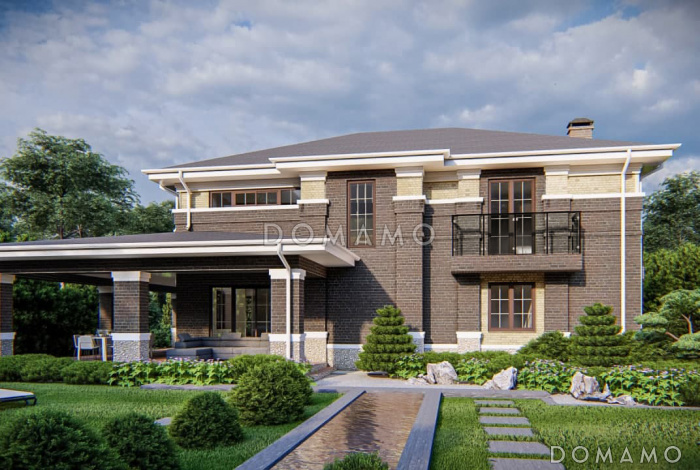 Проект двухэтажного дома с крытой террасой, гаражом, большой кухней и гостиной,  балконами, спальней на первом этаже