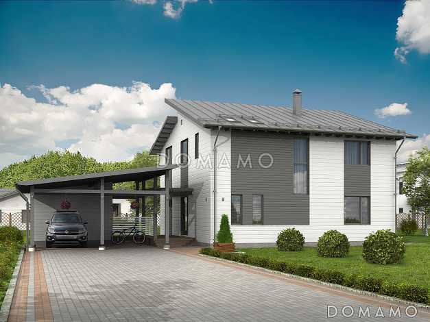 Проект каркасного дома с хозяйственной пристройкой и навесом на две машины