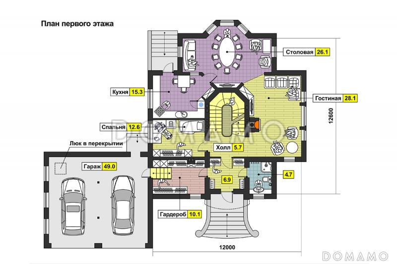 Проект дома с бассейном, сауной, спортзалом в цокольном этаже, гаражом на две машины, столовой с эркером, спальней на первом этаже, вторым светом, балконами / План 1 этажа