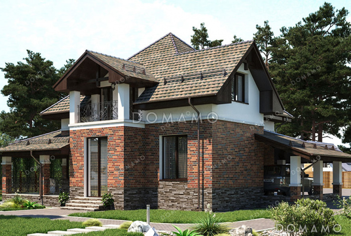 Проект дома с навесом для автомобиля, крытой террасой и двумя балконами на мансарде