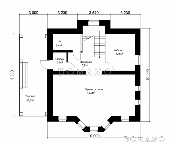 Проект классического коттеджа из кирпича с подвалом и террасой / План 1 этажа Проект классического коттеджа из кирпича с подвалом и террасой / План 1 этажа