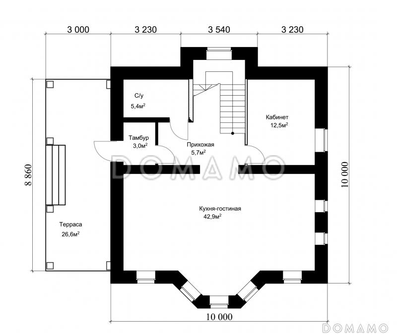 Проект классического коттеджа из кирпича с подвалом и террасой / План 1 этажа