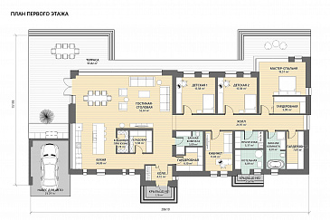 Проект кирпичного дома с навесом для автомобиля, летней кухней на террасе, тремя спальнями и местами для хранения / План 1 этажа Проект кирпичного дома с навесом для автомобиля, летней кухней на террасе, тремя спальнями и местами для хранения / План 1 этажа