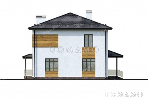 Проект двухэтажного дома с тремя спальнями и вальмовой крышей / Фасад 4 Проект двухэтажного дома с тремя спальнями и вальмовой крышей / Фасад 4