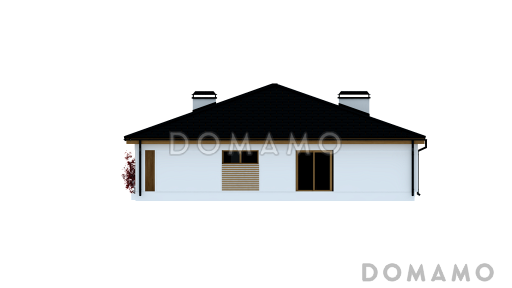 Проект квадратного одноэтажного дома из кирпича с четырьмя комнатами и гаражом для большой семьи / Фасад 2