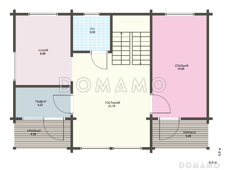 Проект уютного дома из клееного бруса с двумя просторными спальнями на мансардном этаже / План 1 этажа