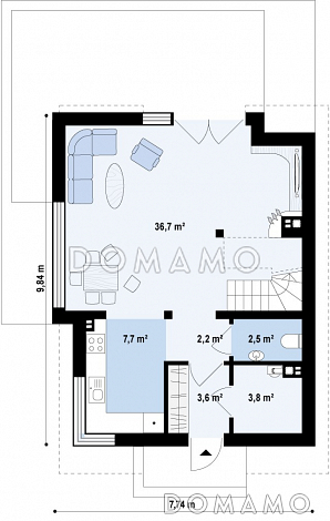 Проект компактного одноэтажного мансардного дома из кирпича с просторной светлой гостиной / План 1 этажа Проект компактного одноэтажного мансардного дома из кирпича с просторной светлой гостиной / План 1 этажа