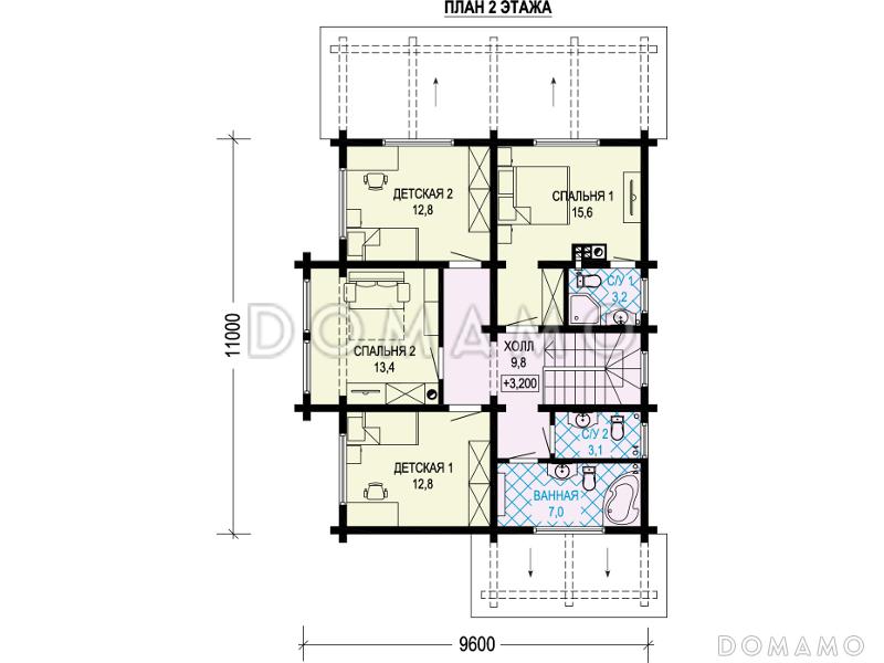 Проект двухэтажного дома с террасой, кладовой, двумя детскими спальнями / План 2 этажа