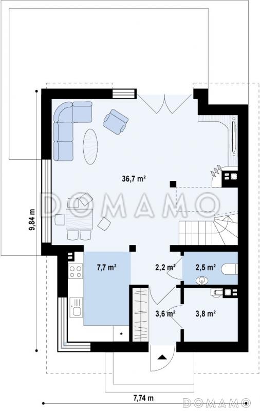 Проект компактного одноэтажного мансардного дома из кирпича с просторной светлой гостиной / План 1 этажа