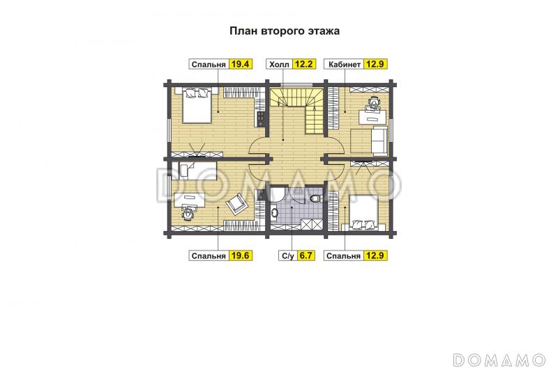 Проект дома с террасой, двумя спальнями на первом этаже, гостиной с кухней-столовой / План мансардного этажа