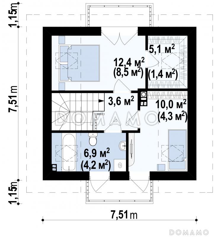 Проект компактного одноэтажного мансардного дома из газобетона с двумя спальнями для строительства на небольшом участке / План мансардного этажа