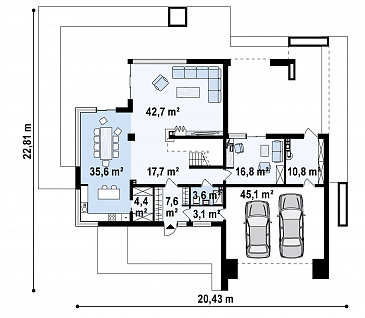 Проект большого современного двухэтажного дома из кирпича необычной формы, с тремя спальнями и кабинетом, сауной и гаражом / План 1 этажа