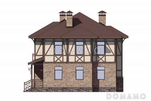 Проект дома с крытой террасой, кладовой под лестницей. эркерами, гостевой на первом этаже, спальнями и кабинетом на втором этаже / Фасад 4