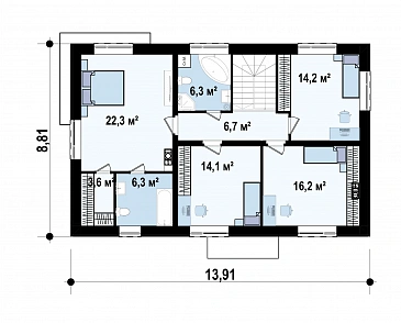 Проект двухэтажного дома из газобетона с пятью спальнями и кабинетом / План 2 этажа Проект двухэтажного дома из газобетона с пятью спальнями и кабинетом / План 2 этажа