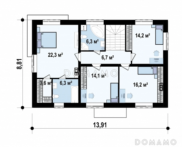 Проект двухэтажного дома из газобетона с пятью спальнями и кабинетом / План 2 этажа Проект двухэтажного дома из газобетона с пятью спальнями и кабинетом / План 2 этажа