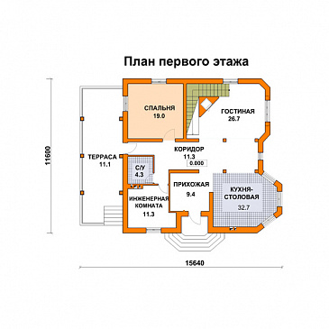 Проект дома из газобетона с башней / План 1 этажа Проект дома из газобетона с башней / План 1 этажа