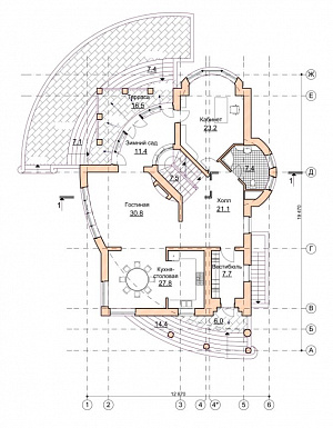 Проект коттеджа с двусветной гостиной и зимним садом / План 1 этажа Проект коттеджа с двусветной гостиной и зимним садом / План 1 этажа