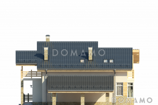 Проект дома с большой открытой террасой, зимним садом, гостиной с камином, кухней с эркером, спальней на первом этаже, вторым светом, балконом / Фасад 4