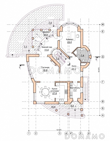 Проект коттеджа с двусветной гостиной и зимним садом / План 1 этажа Проект коттеджа с двусветной гостиной и зимним садом / План 1 этажа