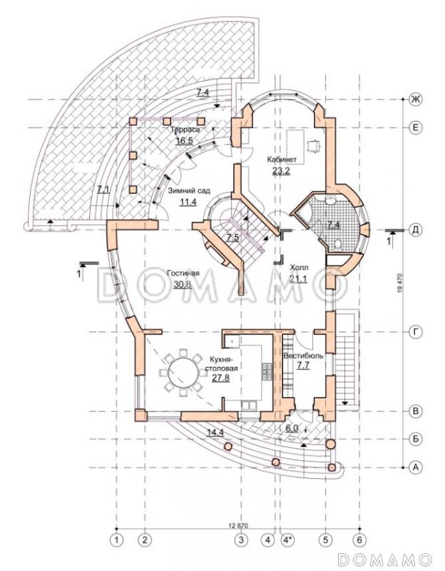 Проект коттеджа с двусветной гостиной и зимним садом / План 1 этажа