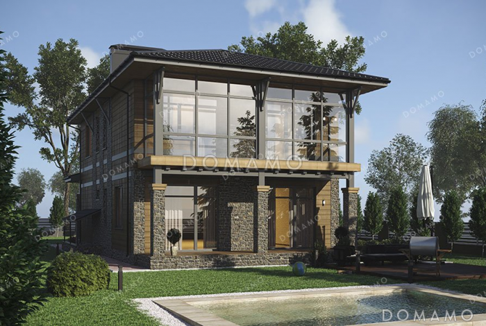 Проект двухэтажного дома с террасой, гаражом на два автомобиля и подвалом Проект двухэтажного дома с террасой, гаражом на два автомобиля и подвалом