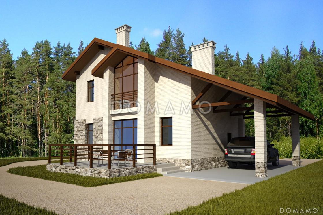 Проект загородного дома с открытой террасой и навесом для автомобиля, панорамными окнами / 2