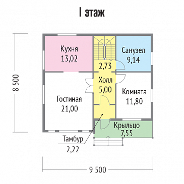 Проект каркасного дома с просторными комнатами / План 1 этажа Проект каркасного дома с просторными комнатами / План 1 этажа