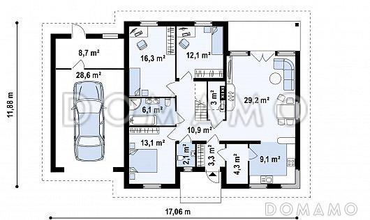 Проект большого одноэтажного мансардного дома из кирпича с тремя спальнями на каждом этаже и гаражом / План 1 этажа