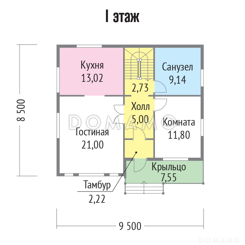 Проект каркасного дома с просторными комнатами / План 1 этажа