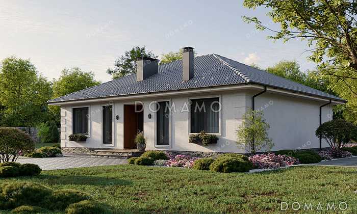 Проект квадратного одноэтажного дома с отделкой декоративной штукатуркой, террасой под общей вальмовой крышей и большой совмещенной кухней-гостиной Проект квадратного одноэтажного дома с отделкой декоративной штукатуркой, террасой под общей вальмовой крышей и большой совмещенной кухней-гостиной