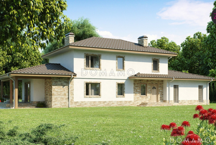 Проект красивого просторного двухэтажного коттеджа из газобетона с крытой террасой и гаражом Проект красивого просторного двухэтажного коттеджа из газобетона с крытой террасой и гаражом