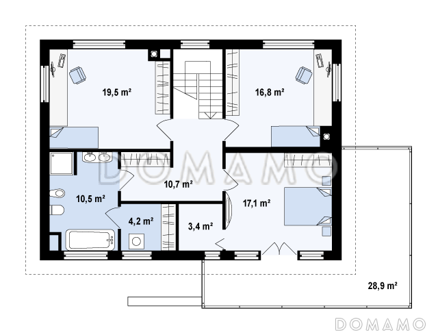 Проект современного двухэтажного дома из кирпича с четырьмя спальнями и гаражом на два автомобиля / План 2 этажа