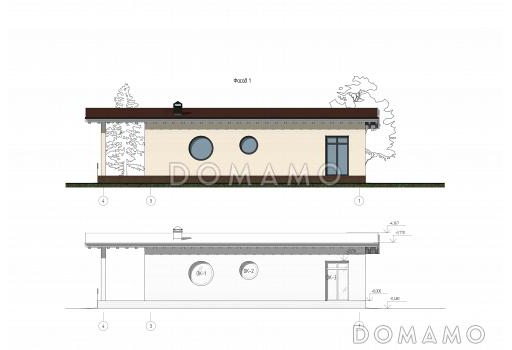 Проект бани с большой комнатой отдыха и крытой террасой / Фасад 1